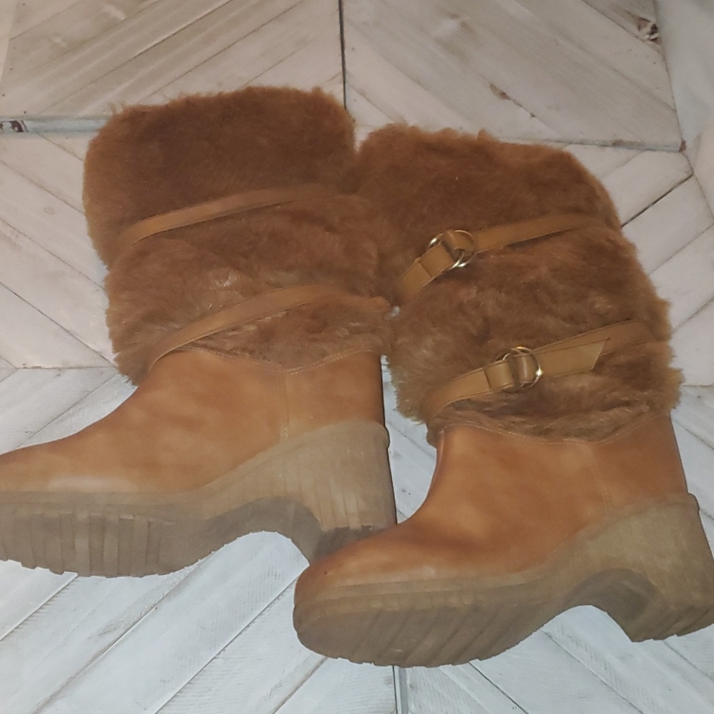 Brown S 9 Faux Leather Faux Fur Heeled Boots